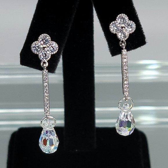 Silver Plated Crystal Clover Drop Earrings Made with Swarovski Crystal Pendant - Picture 6 of 6